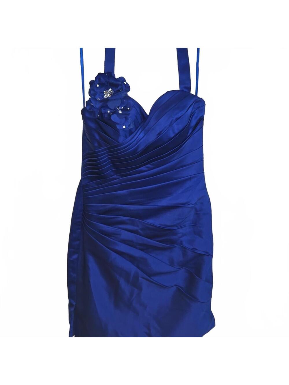 Elegant Royal Blue Satin Cocktail Dress with Floral Detail